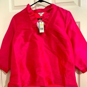 Ruffle neck 3/4 sleeve satin top